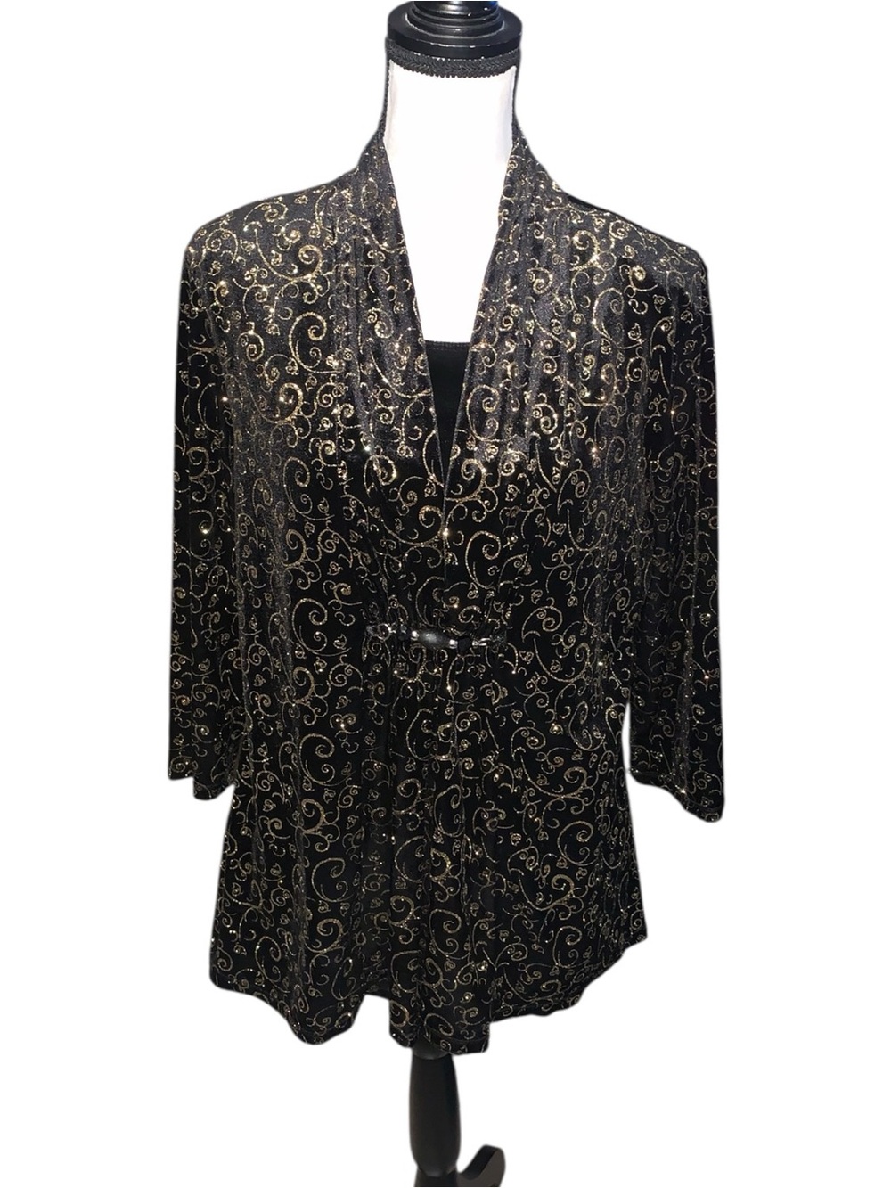 Notations Womens Large Black Velvet Velour Gold Sparkly Swirls Blouse Evening